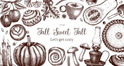 Autumn frame design template. Hand-drawn vector illustration. Pumpkin, hot drink, fruit, pie, pastry, fall leaves sketches. Thanksgiving background, banner, border